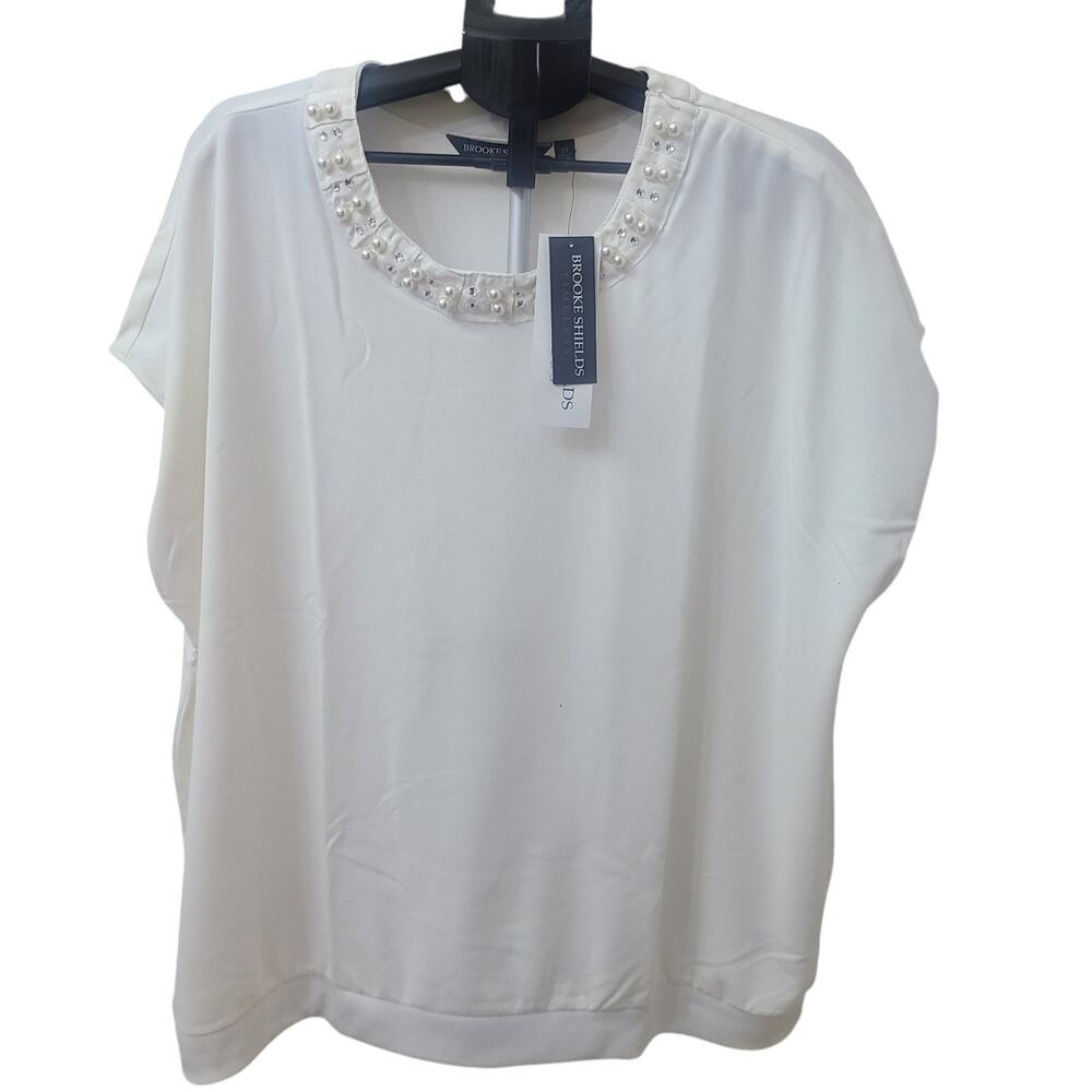 Embellished Elegant & Casual Chic Top 2XL White Short Sleeve Blouse